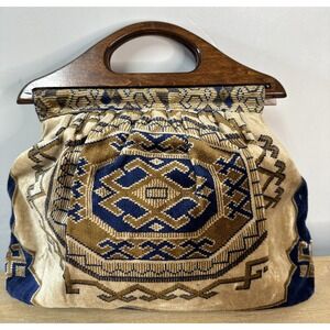 Vintage 70s Banner House Carpet Bag Purse Sewing Handbag Wood Handle Print RARE